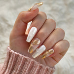 Handmade White & Gold Balletcore Nails on hand