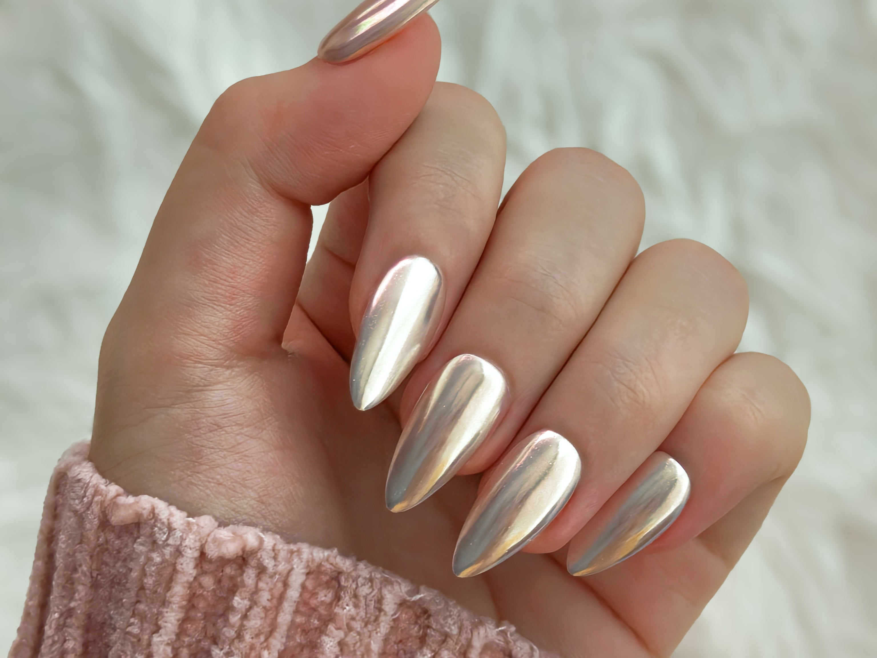 Long gold almond chrome classic nails