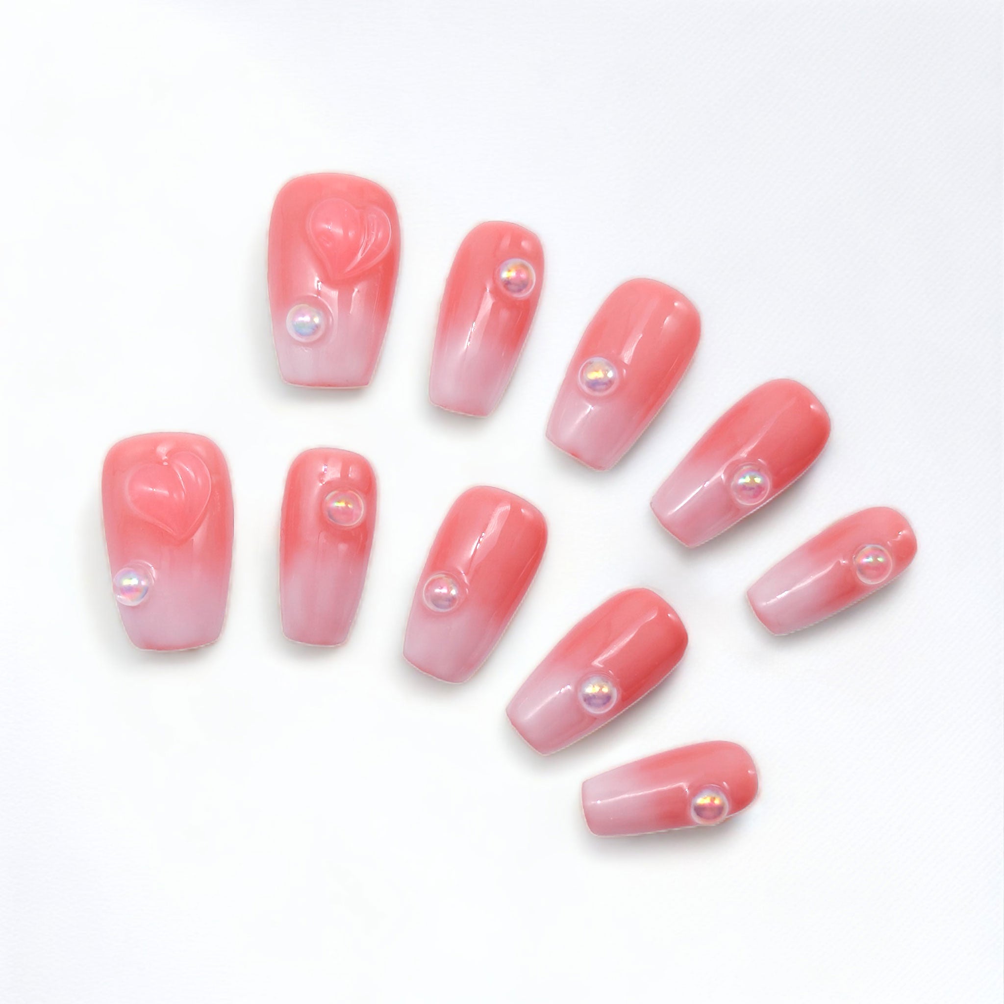 Handmade Medium Coffin Pink Ombre Pearl 3D mermaid Nails with a pearl on it 