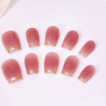 Short pink french tip nails gold tip coffin press on nails handmade