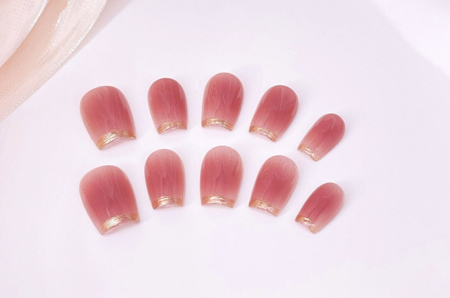 Short pink french tip nails gold tip coffin press on nails handmade