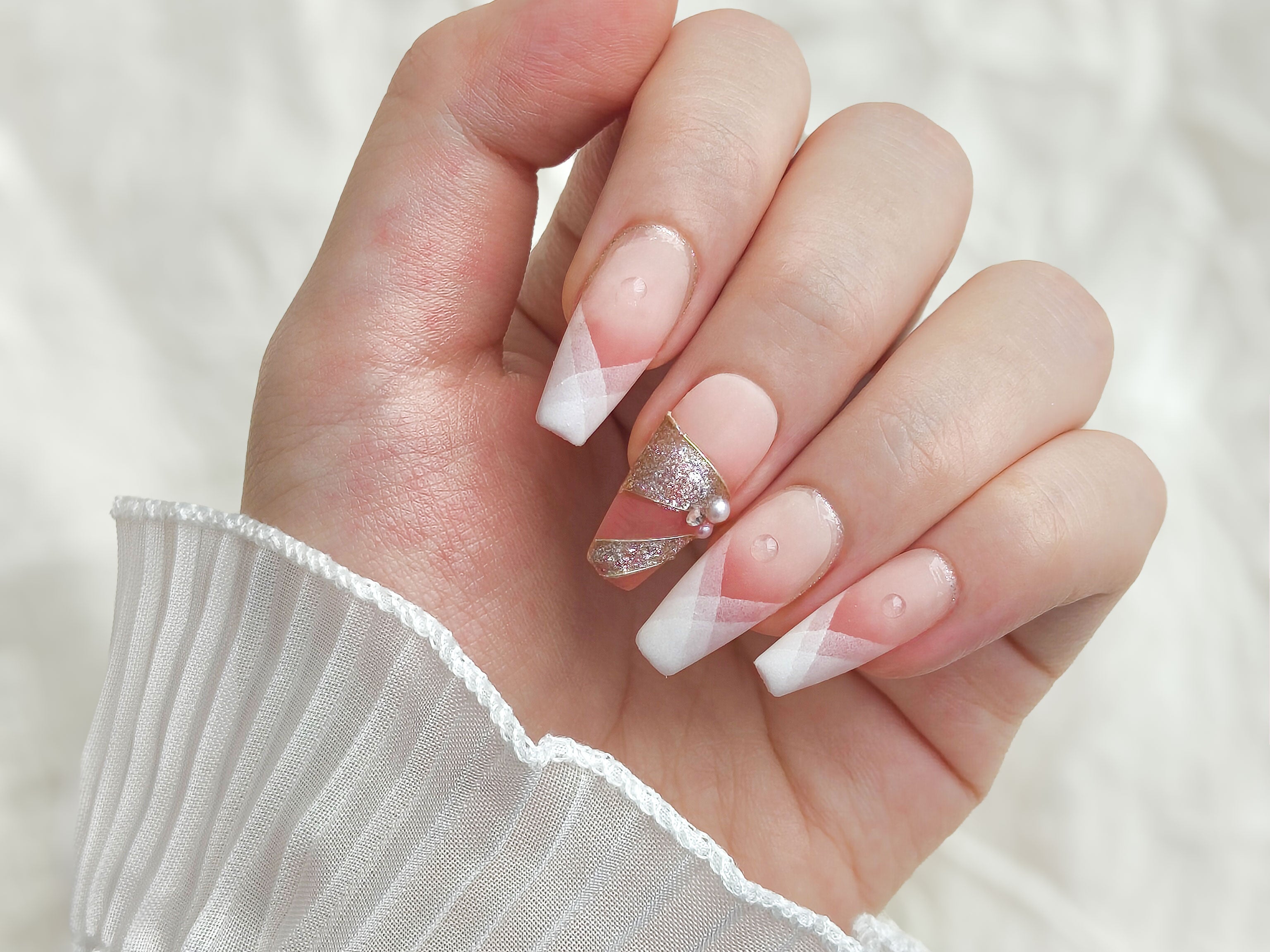 Handmade pink & Gold Balletcore Nails with white tips