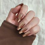 handmade long coffin shape French Tip Nails with Tiramisu color