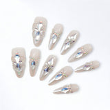 Handmade Long Almond Silver & White 3D & Gem Press on Nails | Snaptips