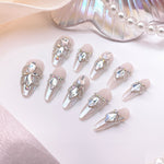 Handmade Long Almond Silver & White 3D & Gem Press on Nails | Snaptips