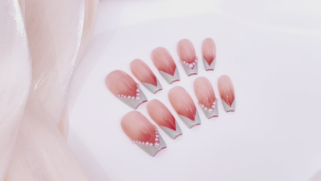 False nails press on nails acrylic nails pink nude V-shape balletcore French tip nails with pearls